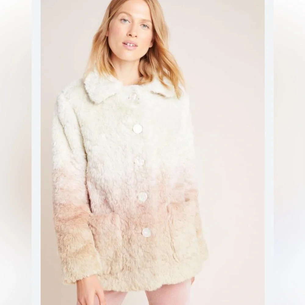 New By Anthropologie Ombre Faux Fur Coat Sand Size XL $198 NWT Soft Warm Classic